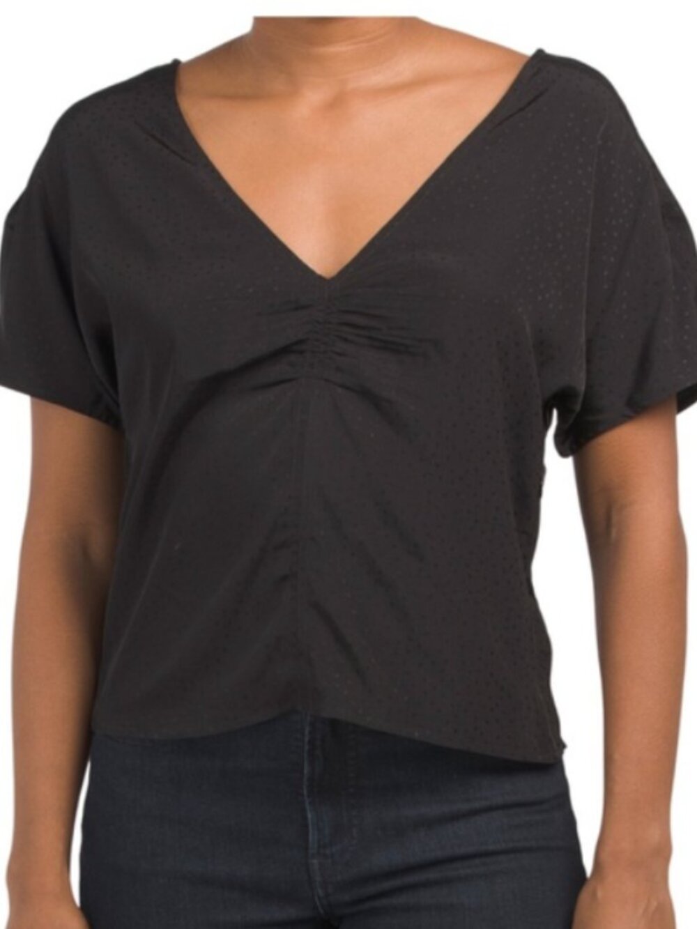 Madewell Elegant Black Ruched V-Neck Dotted Blouse